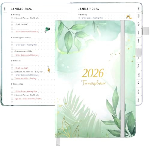 Kalender 2026 Planer 2026, Wochenplaner 2026 A5 Terminplaner 2026 Buchkalender 2026 Terminkalender Schulplaner 2026 Terminplaner Kalender für Schule Büro (Grüne Pflanzen Muster)