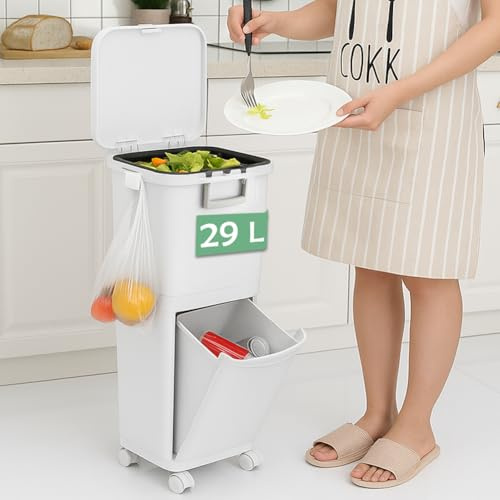 BAKAJI Pattumiera da Cucina Capacità 29 Litri con Bidone per Spazzatura e Raccolta Differenziata, Immondizia, Design Salvaspazio, 1 Cassetto a Ribalta 4 Ruote Piroettanti 26 x 36 x 76.6 cm (29 Litri)