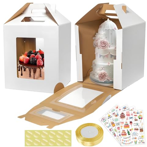 Huucozn 2 Pezzi Scatola per Torta Alta Cartone 31,5x25,5x25,5 cm Scatola per Torta Trasparente con Finestra Contenitore per Torte con Adesivi Nastro e Vassoi per Matrimoni, Compleanni e Feste, Bianca