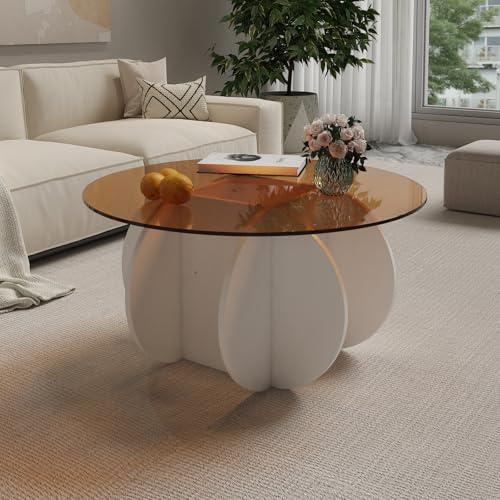 KEEPREAPER Couchtisch rund, Wohnzimmertisch mit glasplatte und Verstecktem Raum, Beistelltisch für Wohnzimmer, 80x80x41,3cm (Braun)