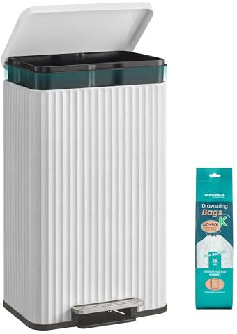 SONGMICS Poubelle de Cuisine, 50 L, avec Pédale, Couvercle à Fermeture Douce, Seau Intérieur Amovible, en Acier, 15 Sacs Poubelle (Code K) Inclus, Blanc Nuage LTB586WZ02