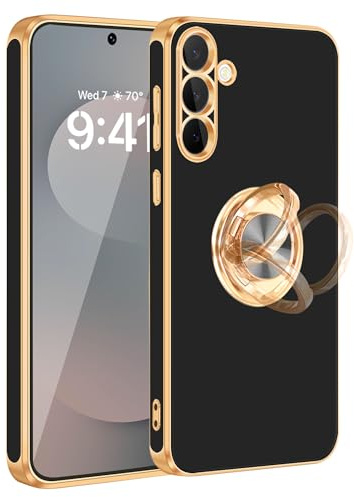 Fingic for Samsung Galaxy S25 FE Case 360°Rotatable Ring Holder Stand Slim | Built in Kickstand,Support Car Mount,Shiny Plating Gold Edge Thin Soft TPU Shockproof Case for Samsung Galaxy S25 FE,6.72025