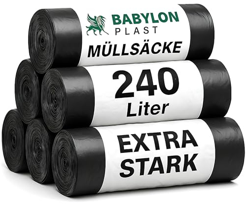 Babylonplast Müllsäcke 240L Extra Starke (50 Stück) | Müllbeutel Stabil | Mülltüten Reißfest I 100×125 cm I Belastbarkeit 100 Kg I Abfallsäcke & Bauschuttsäcke 70 µ/Typ 100 (Schwarz)