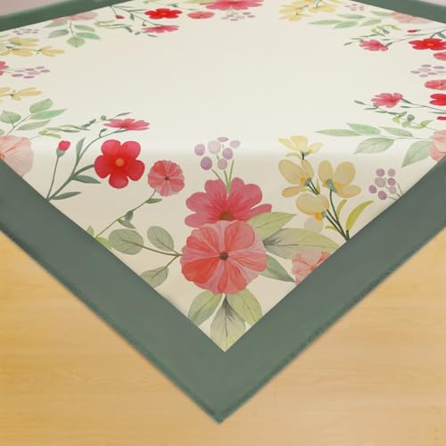 FIBORIA klein Tischdecke Frühling 100x100 cm Abwaschbare Mitteldecke Tischtuch Weiß Abwischbar mit Floralem Tischdecken Wasserabweisende Für Oster,Outdoor,Garten,Hochzeiten,Party,Geburtstag,Camping