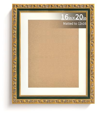BWPFRAME Vintage 16x20 Picture Frame Matted to 12x16, Victorial Style, Solid Wood, Ornate Golden Frame with Hand Carved Relief Floral Border, Plexiglass and Backing Included, Wall Display Frame for Photos and Prints