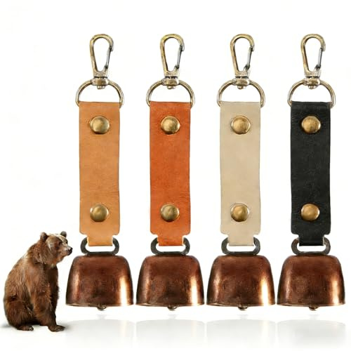 4 Stück Kuhglocken mit Karabiner, Anti Bär Glocken, Kleine Kuhglocke, Magnetische Bärenglocken Set, Metall & Leder Retro Mini Anti-Verlust-Glocke, Outdoor-Glocke für Camping, Wandern, Dekoration