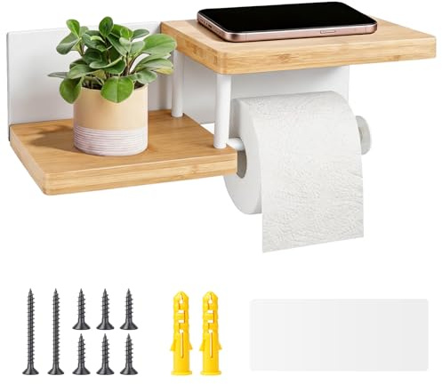 Toilettenpapierhalter aus Bambus mit Ablage & Aufbewahrung, Klopapierhalter ohne Bohren Selbstklebend oder Schrauben, Klorollenhalter aus Holz, WC-Papier Halterung/Holder, 10 kg Tragkraft, Weiß