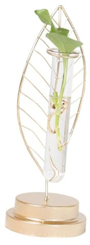 LALAFINA Iron Golden Leaf Hydroponic Glass Tube Vase with Iron Frame, Test Tube Planter for Indoor Hydroponic Plant Arrangement and Home Décor
