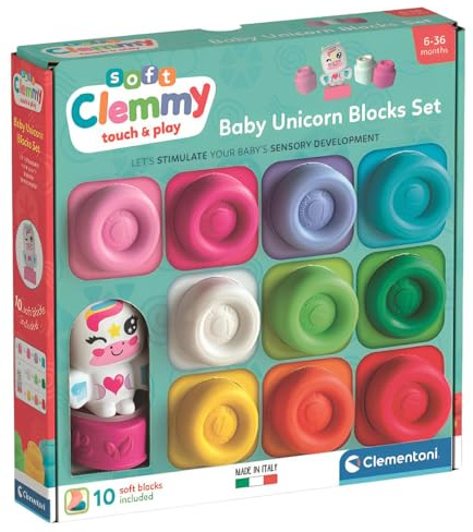 Clementoni Soft Clemmy – Baby Unicorn Blocks Set, 10 Ladrillos Suaves para niños a Partir de 6 Meses, Personaje de fantasía, Lavables y no tóxicos, Desarrollo sensorial y Manual, Fabricado en Italia