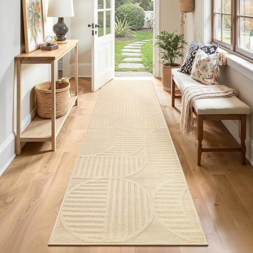 SHACOS Beige Läufer Flur rutschfest 60x240 cm, Waschbarer Teppich Läufer Lang Modern, Küchenteppich Küchenläufer Waschbar, Flurläufer für Eingang Küche