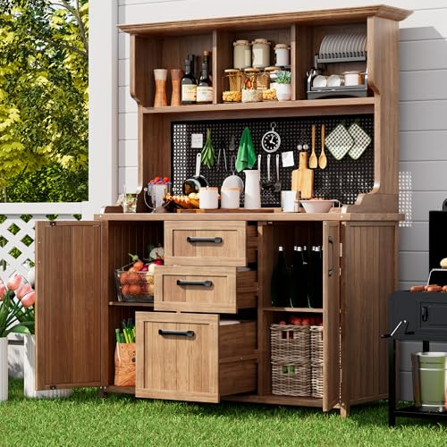 FammyLoft Tall Garden Storage Cabinet, Freestanding Kitchen Cupboard in Solid Fir Wood, Multipurpose Storage Unit with 3 Drawers, Compartments, Pegboard & Adjustable Shelves for Garden Kitchen