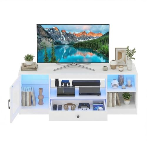 TV Stand Cabinet for TVs up to 60 inch,TV Unit with RGB Lights,Gaming Entertainment Center with Door&Drawer&Open Adjustable Storage Glass Shelf,TV Console Table for Living Room Bedroom (Black 2)