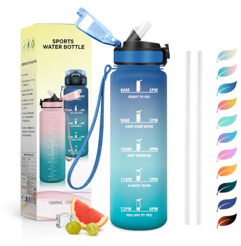 JAPORIA Cantimplora 1L, Motivacional con Pajita, a Prueba de Fugas, Botella para Bebidas Carbonatadas, Escuela, Camping, Deporte, Viaje