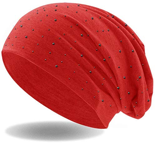 Hatstar Damen Beanie Mütze | mit edler Strass Nieten Applikation | Mädchen Mütze | elastisches Slouch Long Beanie | leicht und weich (Rot)