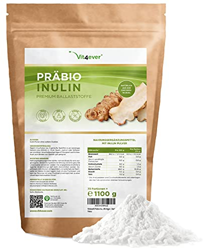 Präbio Inulin Pulver - 1100 g (1,1 kg) - Hoher Ballaststoffgehalt - Präbiotikum - Rückstandskontrolliert - Herkunft Europa - Natürlich aus der Chicoree Wurzel - 100% Vegan