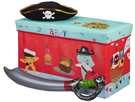 Relaxdays Baúl para Juguetes, Taburete Infantil, Plegable, para niños y niñas, Piratas, 50L, Rojo