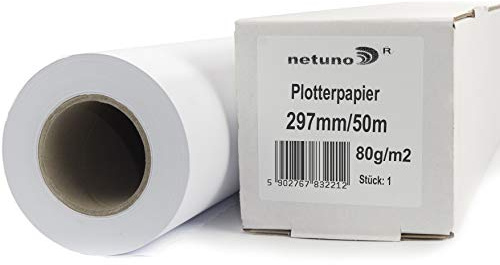 Netuno 1 rotolo carta plotter bianca 297 mm x 50 m 80 g/m² anima 50 mm carta per plotter professionale formato grande opaca multifunzionale per stampe CAD mappe prospetti disegno stampa inkjet