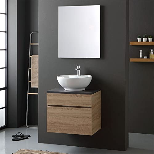 Kiamami Valentina - Mobile bagno in rovere 80cm con top grigio antracite per lavabo d'arredo | Sole