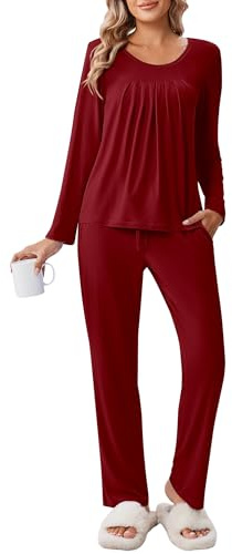 Ekouaer Pigiama Donna Invernale Cotone Caldo Pigiami Invernali Pigiama Due Pezzi Tasche con Coulisse Pigiami Tuta Lungo, Vino Rosso, L