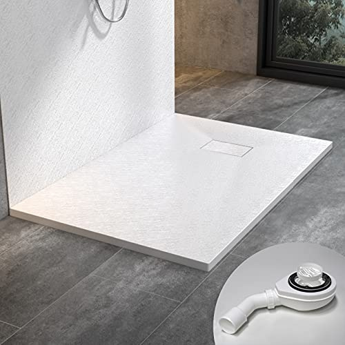 WITEN&NOCK Duschwanne 80x90 cm SMC Brausewanne Weiß Steinoptik Antirutsch Duschtasse Höhe 3,2 cm Niedrige Schwelle Extraflach Brausetasse mit Ablaufgarnitur Ø 90 mm