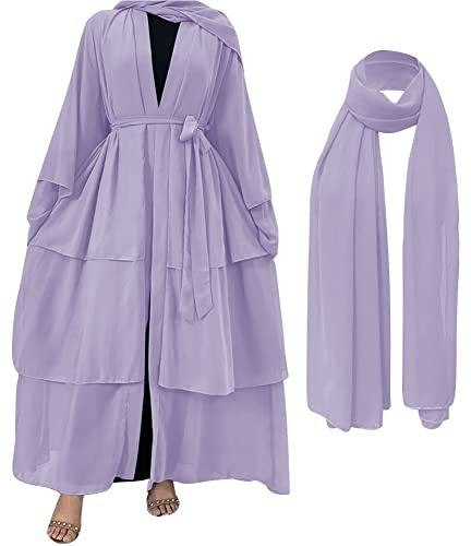 OBEEII Damen Strickjacke Muslimische Robe Kaftan-Kleid mit Hijab Einfarbig Gebetskleid Islamic Abaya Kaftan Kleidung den Ramadan für Ethnische, Abend, Party Langarm-Cardigan Muslim Robe Helles Lila S
