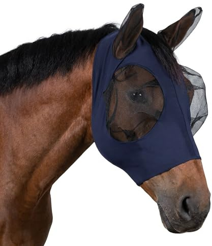 ARBO-INOX Fliegenmaske für Pferde mit Ohren – Sicherer Fliegenschutz auf der Weide – Elastisches Gewebe, Mesh an Augen, Reißverschluss, Navy