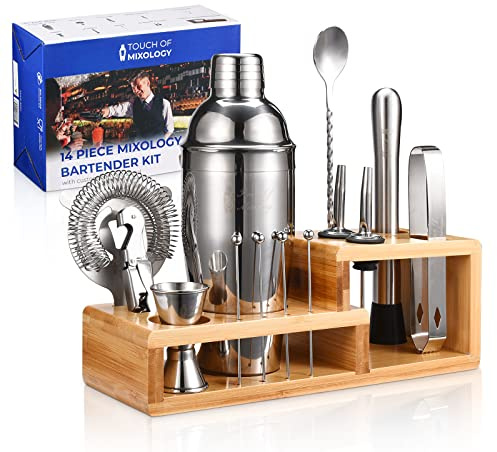Touch of Mixology Kit de Barman avec Shaker à Cocktail, Support en Bambou élégant, becs verseurs pour Une expérience Parfaite de mélange de Boissons – Ensemble de 14 pièces pour Le Bar