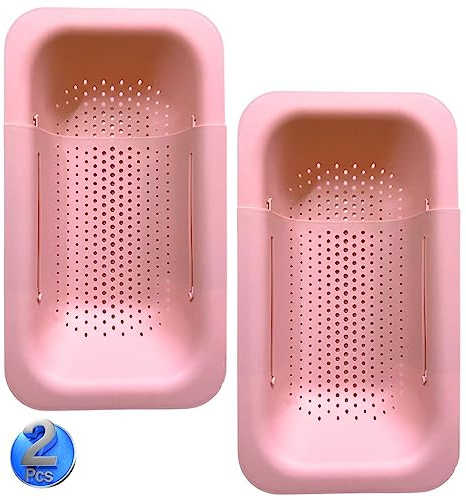 AHASON'S 2 Pack Over The Sink Colander – Extendable Strainer Basket for Vegetables, Fruit, Pasta & Food Draining – Adjustable Expandable Kitchen Sieve, Pink