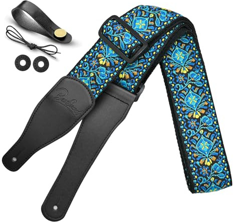 BestSounds Guitar Strap, Jacquard Embroidered Cotton Straps with Leather Ends Shoulder Strap for Bass, Acoustic, Electric Guitar (Jacquard Teal Blue)