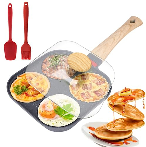 Bocguy Pankache Padella, Padella Pancake con Coperchio Antiaderente Padella per Frittata a 4 Fori in Alluminio Per Colazione Hamburger Uova Fritte(Nero)