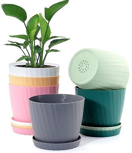 UOUZ 6'' Plant Pots Bulk, 6 Pack Plastic Planters with Drainage Holes and Saucers for Indoor Outdoor House Plants and Flowers, Colorful