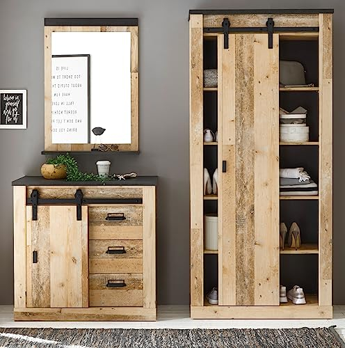 Furn.Design Garderobe Set 3-teilig in Used Wood hell und anthrazit Garderobenkombination 206 x 201 cm, Stove