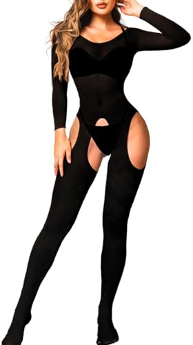 Kaei&Shi Fishnet Bodysuit For Women Fit 0-18, Sexy Long Sleeve Bodystocking, Plus Size Exotic Sheer Lingerie Glow Rave Outfit,Black