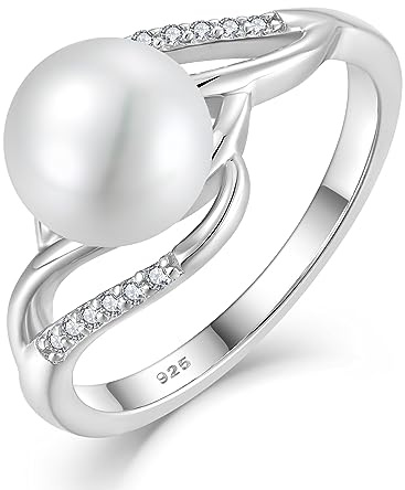 RGEMCY Pearl Rings for Women 925 Silver Freshwater Real Pearl CZ Rings for Wedding Engagement Anniversary Size 8