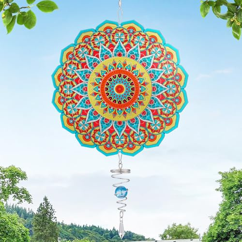 Mandala-Windspiel – 3D-Edelstahl-Garten-Spinner mit blauem Kugel-Spiralschwanz, kinetische hängende Windfänger-Skulpturen für Frauen, Geschenk, Innen- und Außenbereich, Hofkunst, Fensterdekoration