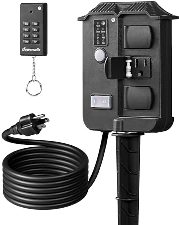 DEWENWILS Outdoor Power Stake Timer Waterproof, 6 Grounded Outlets, 6FT Extension Cord, 100FT Wireless Remote Control, Photocell Dusk to Dawn Timer for Lights, Yard, Garden, UL Listed