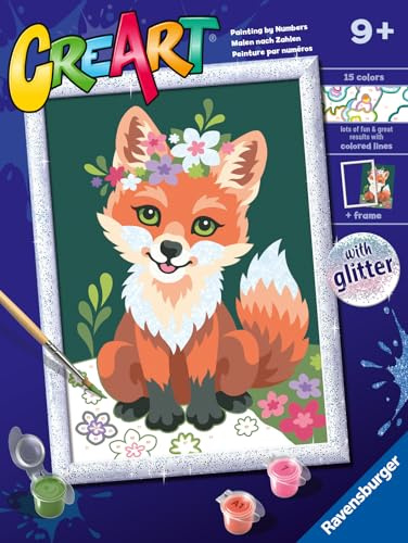 Ravensburger CreArt: Räv med blommor - Målning med siffror för barn 9+ år, målningssats med brädor, ram, borste och färger ingår, 25 x 18,30 cm, presentidéer