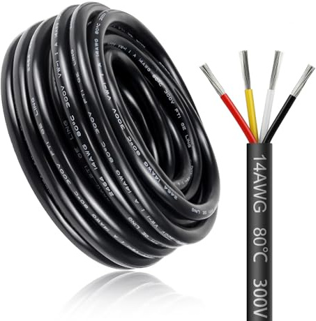 10 Meter 14AWG 4x2,0mm² Elektrischer Kabel, 4 Adriges Kabel 5V/12V/24V/300V Stromkabel Verzinntes Kupferkabel，Flexibel und Weich Niedrige Impedanz Hohe Temperaturbeständigkeit Verlängerungskabel