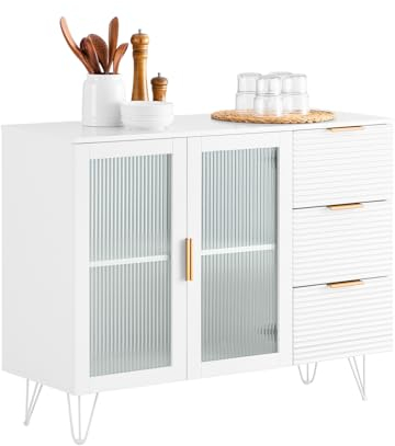 SoBuy FSB86-W Aparador Cocina Mueble Vitrina de Cristal con 2 Puertas y 3 Cajones 108 x 40 x 85 cm Blanco ES