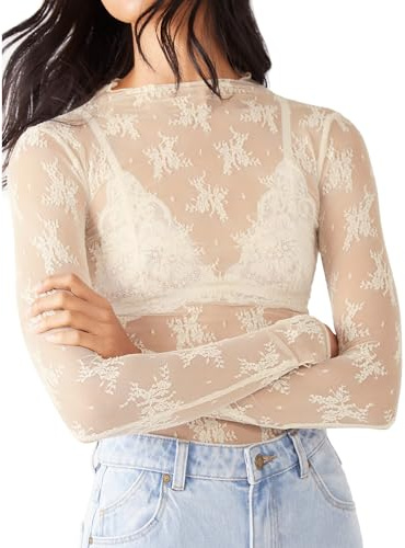 Haut à manches longues en maille pour femme, haut transparent en dentelle transparente, col montant, broderie florale, chemise en résille transparente, blanc, L