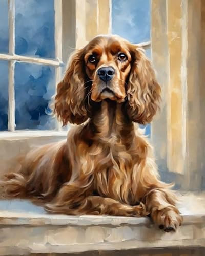 ZMHZMY Malen nach Zahlen Cocker Spaniel auf Fensterbank Painting by Numbers Kit DIY ölgemälde Kit für Erwachsene,Anfänger Painting Set 16x20 Zoll Leinwanddruck Wandkunst Dekoration