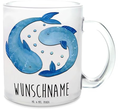 Mr. & Mrs. Panda Personalisierte Teetasse Sternzeichen Fische - Geschenke, Fisch, Tasse personalisiert, Glas mit Namen, personalisieren, Sternbild, Geschenk, Geburtstag Februar, März, personalisiertes