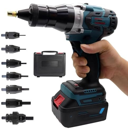 Remachadora eléctrica, kit de remachadora ciega eléctrica automática sin escobillas para tuercas de remache M3/M4/M5/M6/M8/M10/M12, para remaches de aluminio/hierro,5200mAh