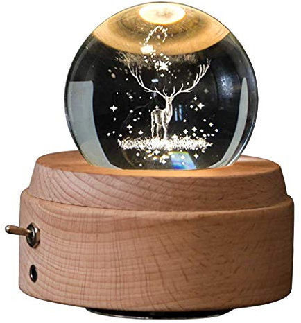 Qoekacy 3D Music Box Palla di Cristallo Musicale Box Rotante Luminoso Cervi con Proiezione Una Luce Led