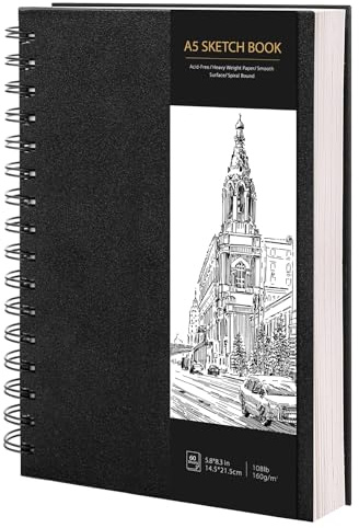 A5 Spiral Sketchbook, Hardcover, 160gsm Paper, 60 Sheets