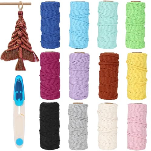 Yuragim Makramee Garn, 12 Stück 2mm x 30M Makramee Set mit Schere, Makramee Garn 2mm, Makramee Baumwollgarn für DIY Handwerk Basteln Stricken Boho Wandbehang Deko Wohnzimmer Balkon Schlafzimmer, Bunt