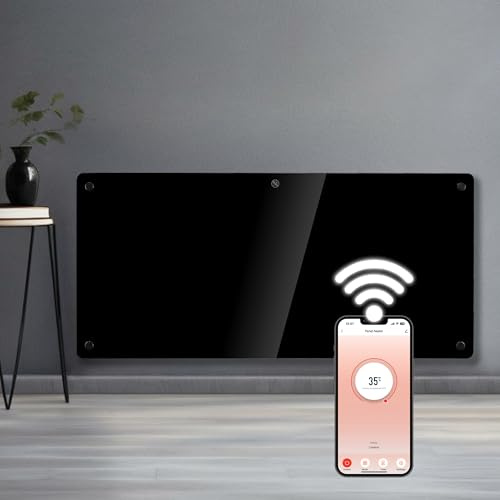 Futura 2000W WiFi Glass Panel Heater, Wall Mounted & Freestanding, Black | 2000W glass heater with app, Alexa and Google Home control, 23m² coverage, 5–35°C thermostat, IP24 and open-window detection.