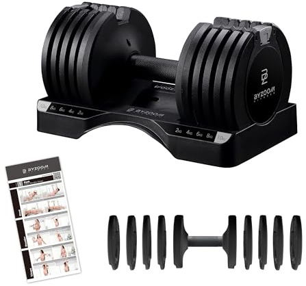 BYZOOM FITNESS Adjustable Dumbbell Single Piece, Verstellbare Hanteln 10 KG Einzeleinheit Ideale verstellbare Hanteln für zuhause, Krafttraining und Ganzkörpertraining 5-in-1 für Anfänger, Black