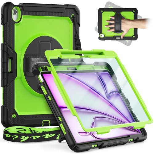 Timecity Hülle Für iPad Air 13 M4/ M3/ M2 mit Stifthalter(2026/2025/2024) | für iPad Air 13 Case mit Bildschirmschutz, für iPad Air 13 Zoll Hülle mit Drehbarem Ständer/Schultergurt- Gelbgrün