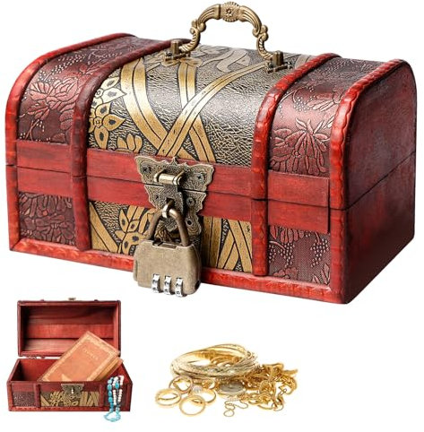 SUNOYA Vintage Holz Schatztruhe, Schatzkiste Holz, Schatztruhe mit Zahlenschloss, Vintage Schatztruhe, Schatzkiste Für Aufbewahrung Und Deko (19.7x11.5x11.5cm)